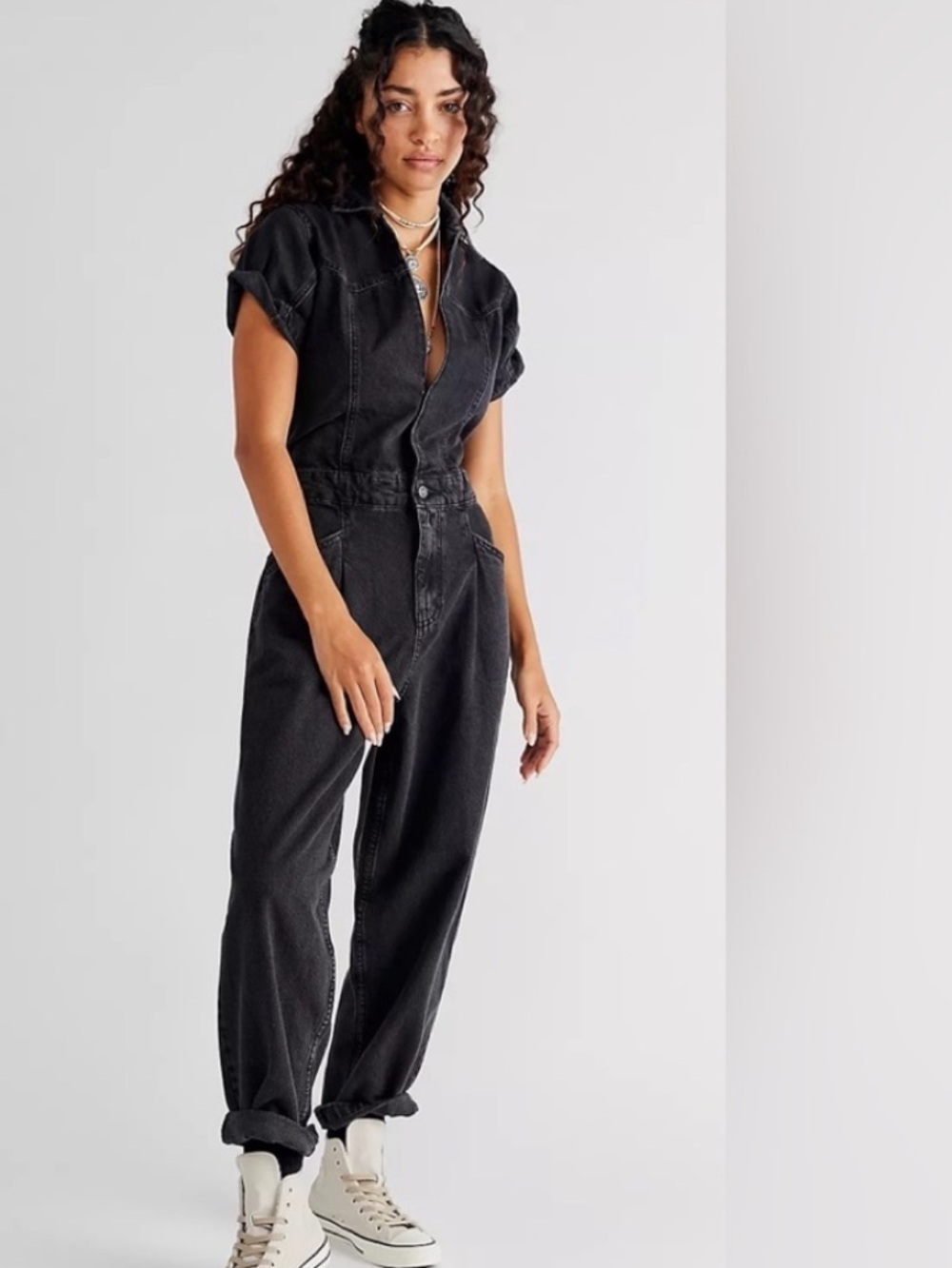 NWOT Free People Washed Black Short-Sleeve Denim Jumpsuit